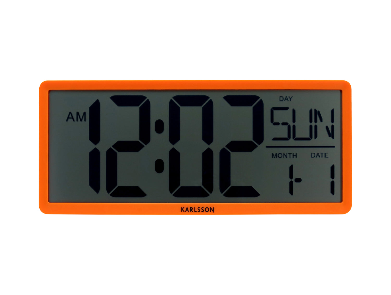 Retro-LCD-Wanduhr in Neonorange mit digitaler Anzeige, AM, Uhrzeit und Datum