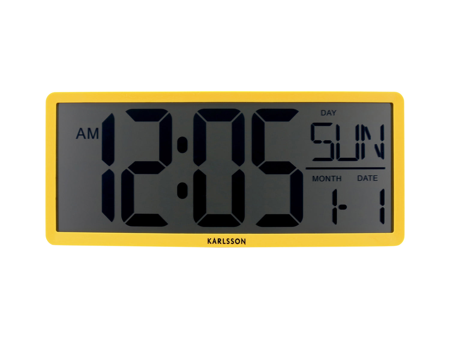 Retro LCD-Wanduhr in hellgelbem Gehäuse mit großer digitaler Anzeige
