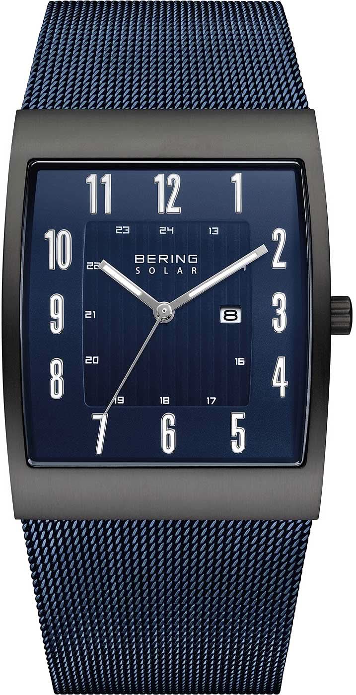 Reloj solar para hombre: esfera azul, correa de malla azul, caja plateada