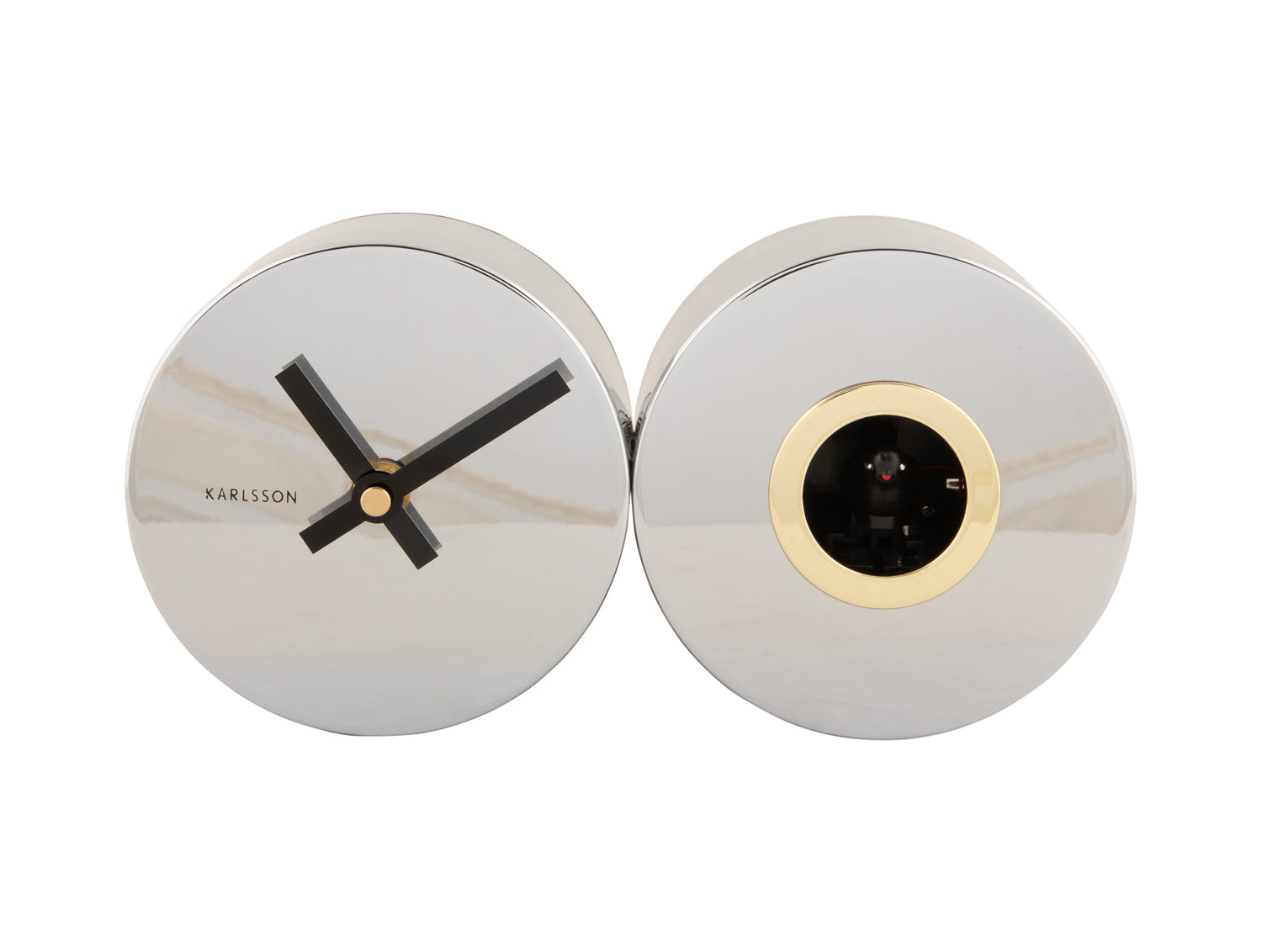 Karlsson Duo Cuckoo Plated KA5789CH Wanduhr Chrom • Sweep-Uhrwerk • Kuckuck zur vollen Stunde