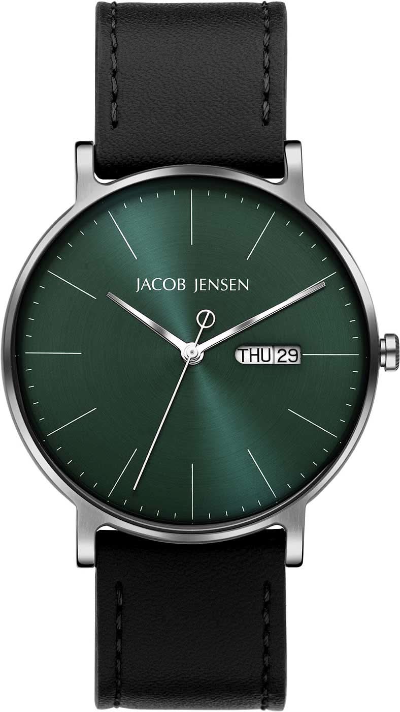 Reloj de hombre Titan con esfera verde y correa de cuero negra, caja plateada