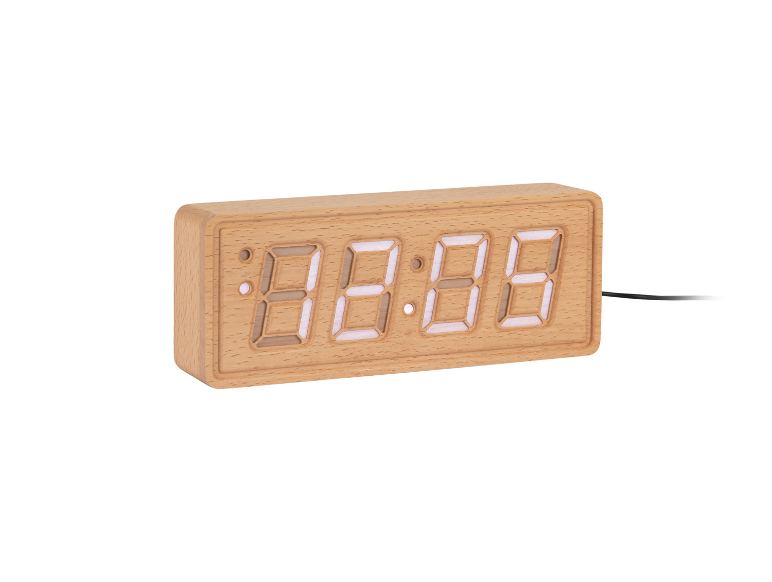 Holz-Wecker mit LED-Zeitanzeige und eingravierten Ziffern, hellbraunes Holz