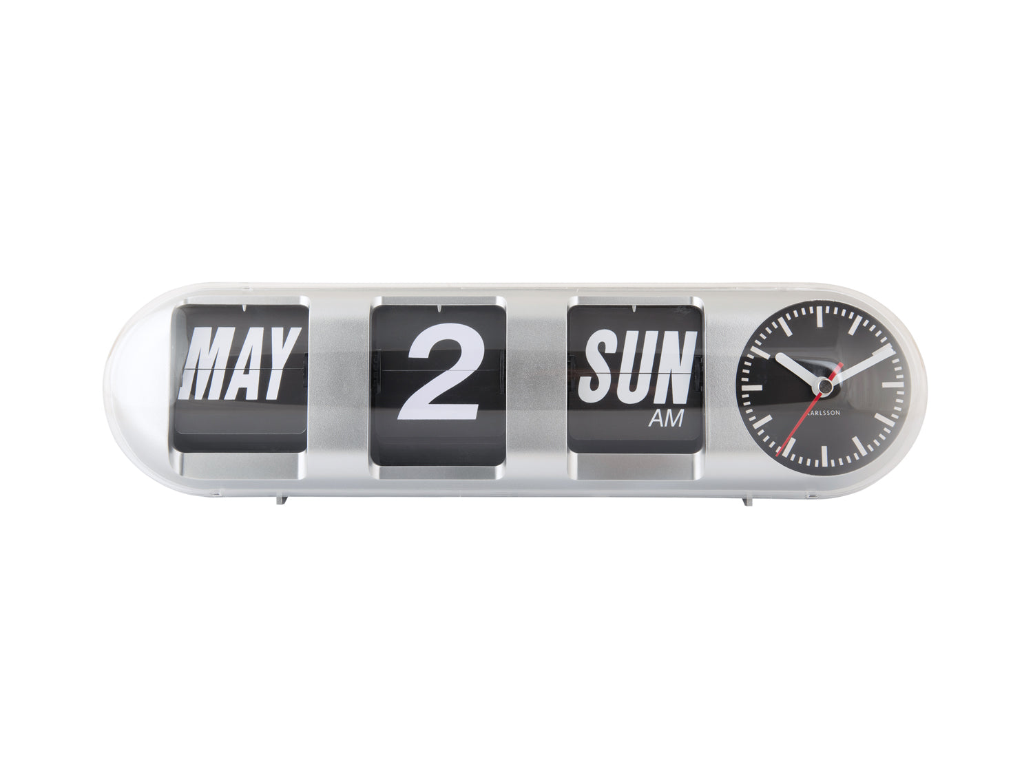 Karlsson Tube Flip KA6032SI Wanduhr Silber • Klappzahlen-Datumsanzeige • Retro-Design