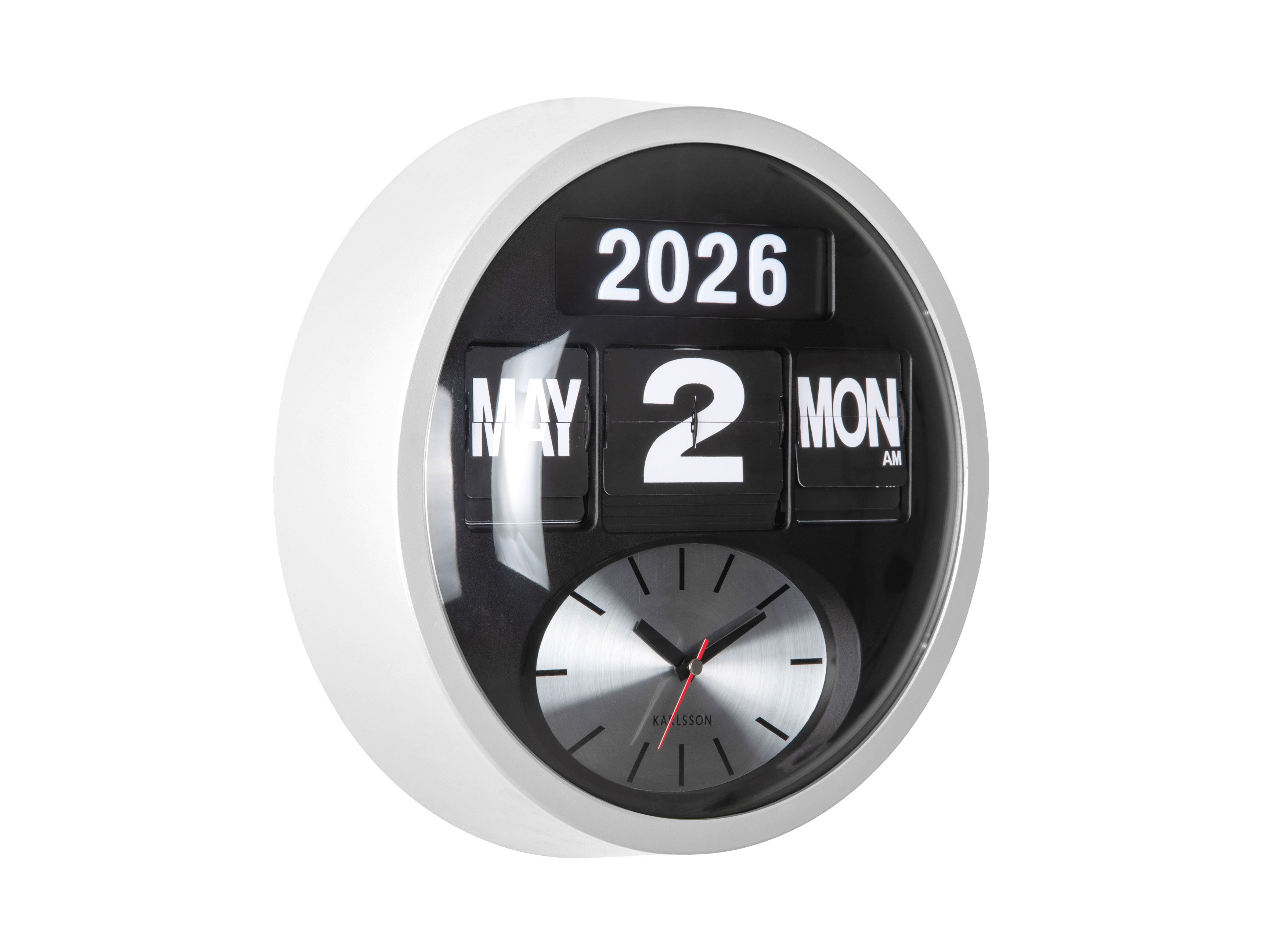 Karlsson Round Flip KA6030WH Wanduhr Weiß • Klappzahlen-Kalender • Analoge Zeitanzeige