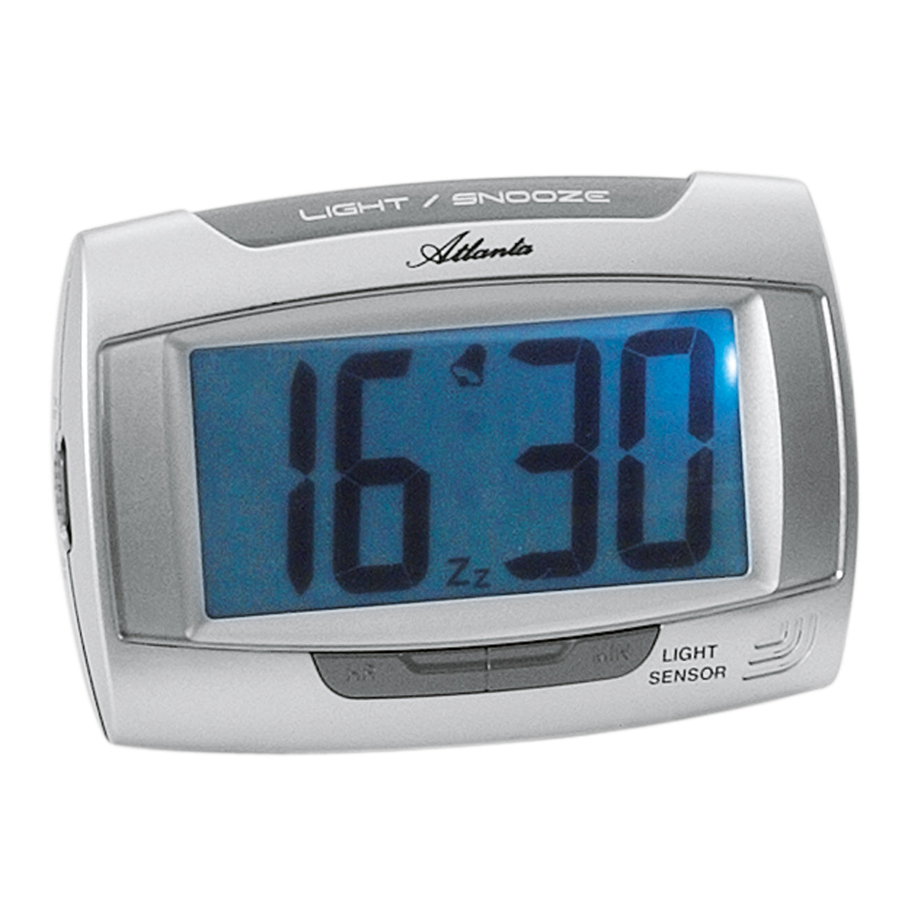 Silberner Digitalwecker mit blauem Display und Light/Snooze-Anzeige