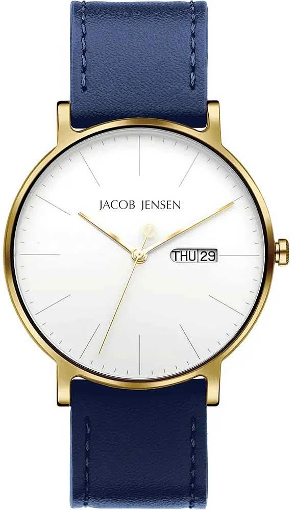 Reloj de hombre con correa de cuero azul, caja redonda dorada y esfera blanca