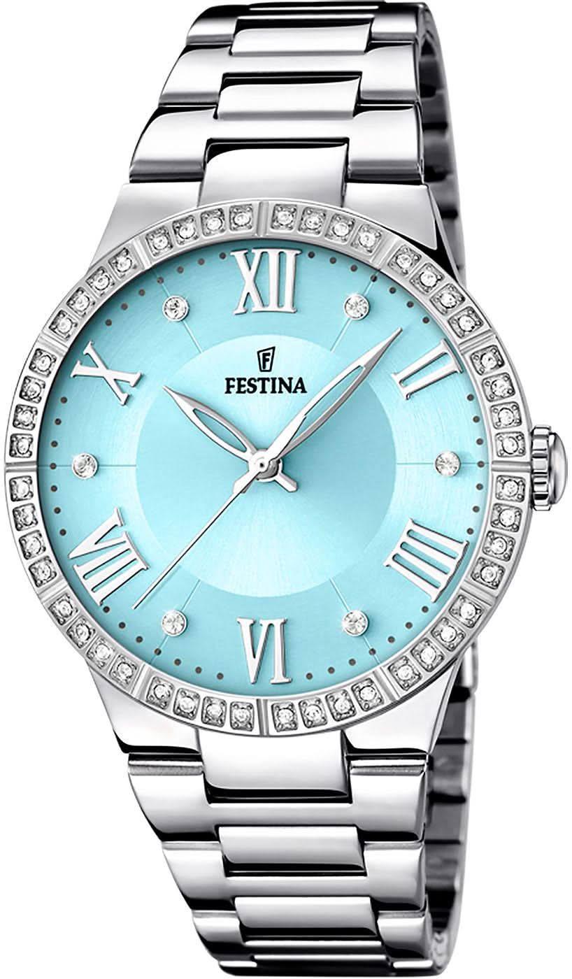Festina Reloj de Mujer con esfera azul, números romanos, borde de piedras brillantes y correa de acero inoxidable