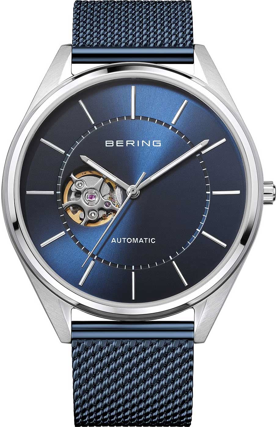 Reloj automático para hombre con esfera azul, logo BERING, correa milanesa azul y caja de acero