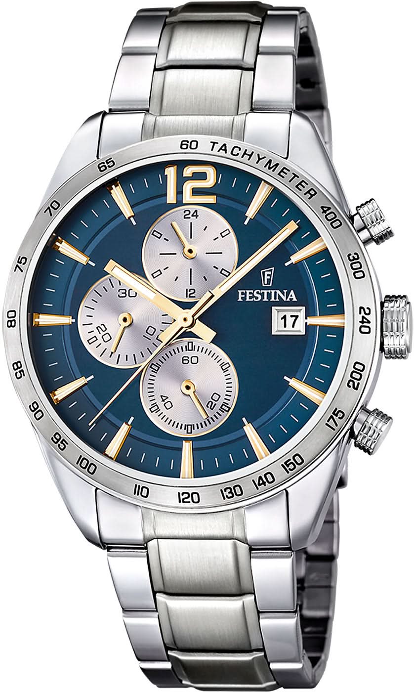 Reloj cronógrafo para hombre con esfera azul, contadores de cronómetro y correa de acero inoxidable