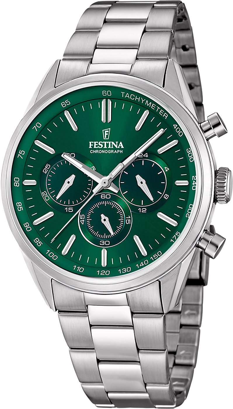 Reloj Festina para hombre con esfera verde, cronógrafo y taquímetro; correa de acero inoxidable