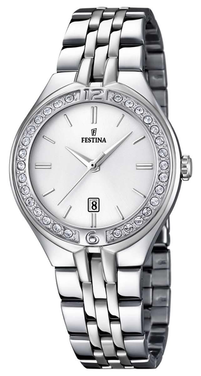 Reloj de mujer con pulsera de acero inoxidable, esfera blanca, bisel con piedras y ventana de fecha