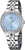 "Reloj de mujer con esfera azul claro, bisel de circonita y pulsera de acero inoxidable"