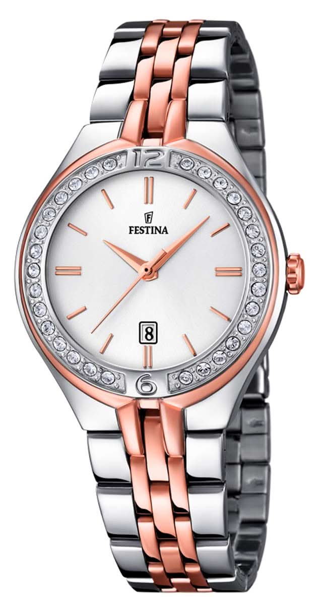 Festina Reloj de Mujer: brazalete de acero inoxidable en tono oro rosa, esfera plateada, bisel con piedras