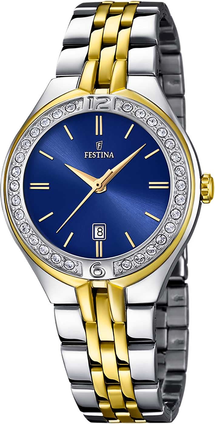 "Reloj de mujer con esfera azul, detalles dorados y brazalete de acero inoxidable"