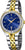 "Reloj de mujer con esfera azul, detalles dorados y brazalete de acero inoxidable"