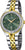"Reloj de mujer con esfera verde, correa de acero inoxidable plateada/dorada, bisel con piedras"