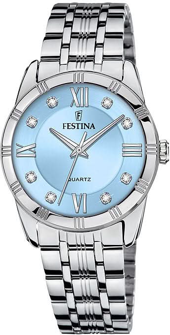 "Reloj de mujer con pulsera de acero inoxidable plateado, esfera azul claro con números romanos y logo de Festina"