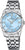"Reloj de mujer con pulsera de acero inoxidable plateado, esfera azul claro con números romanos y logo de Festina"