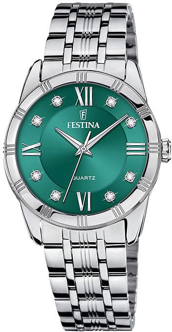 "Reloj de mujer con esfera verde, números romanos y cristales, correa de acero inoxidable"