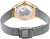Vista de reloj de mujer: Fondo de caja con mapa del mundo, pulsera de malla plateada, cubierta dorada