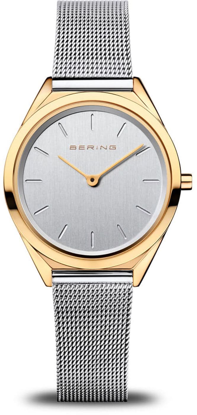 "Reloj de mujer con esfera plateada, bisel dorado y brazalete de malla plateada"
