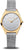 "Reloj de mujer con esfera plateada, bisel dorado y brazalete de malla plateada"
