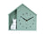 Reloj de pared con forma de casa en verde menta con un gato blanco sentado, números del 1 al 12 y manecillas negras