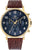 Pulsera de hombre con esfera azul oscuro, correa de cuero marrón y caja dorada