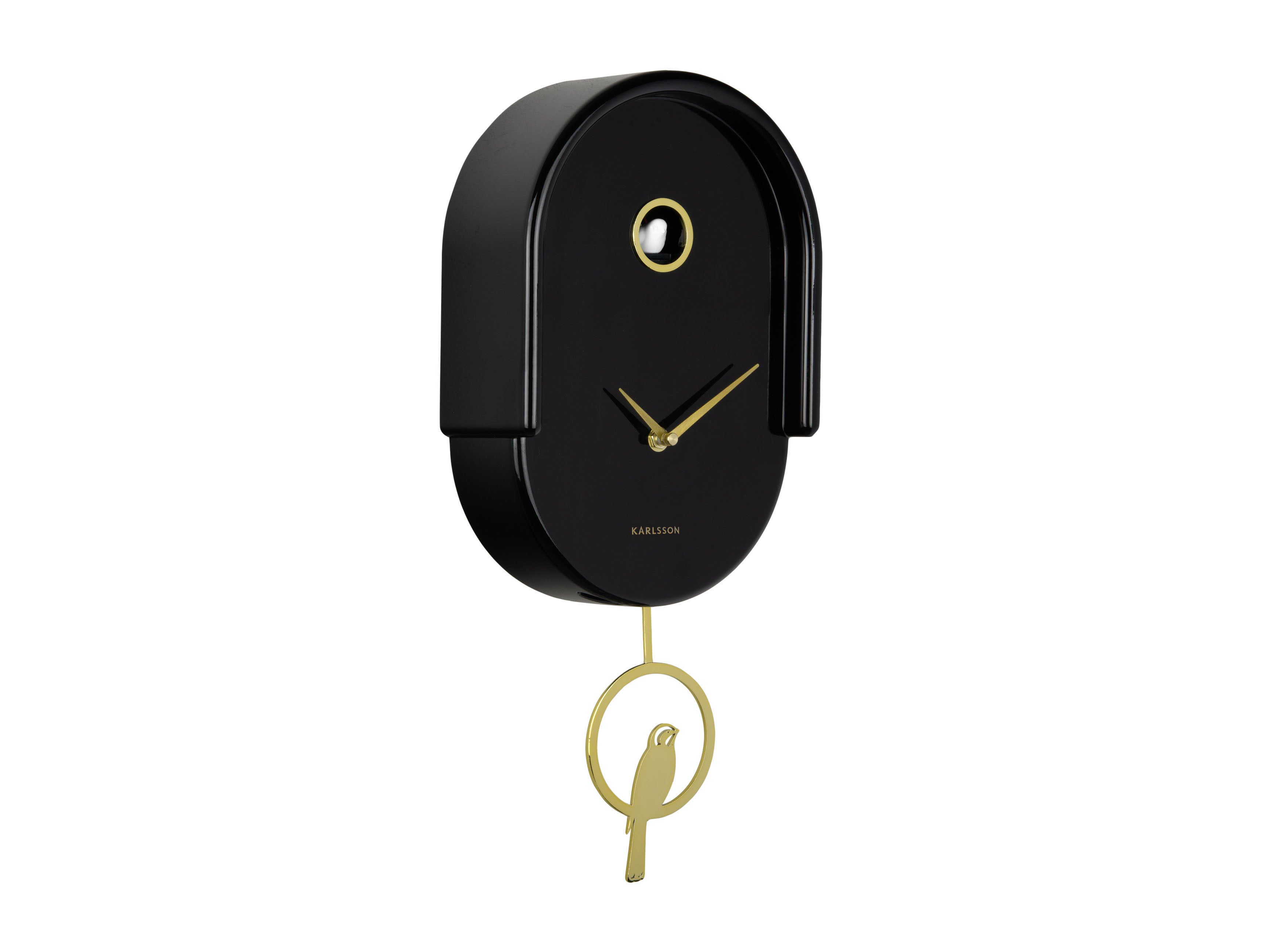 Karlsson Tweet KA6069BK Wanduhr Schwarz • Kuckuck-Effekt zur vollen Stunde • Goldenes Pendel mit Vogel