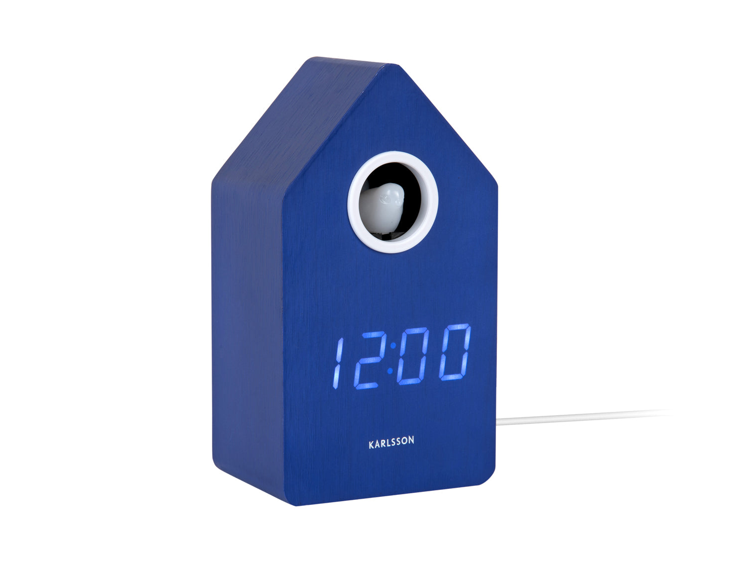 Karlsson LED-Wecker im Kuckuckshaus-Design: blaues Gehäuse mit runder Öffnung und LED-Display