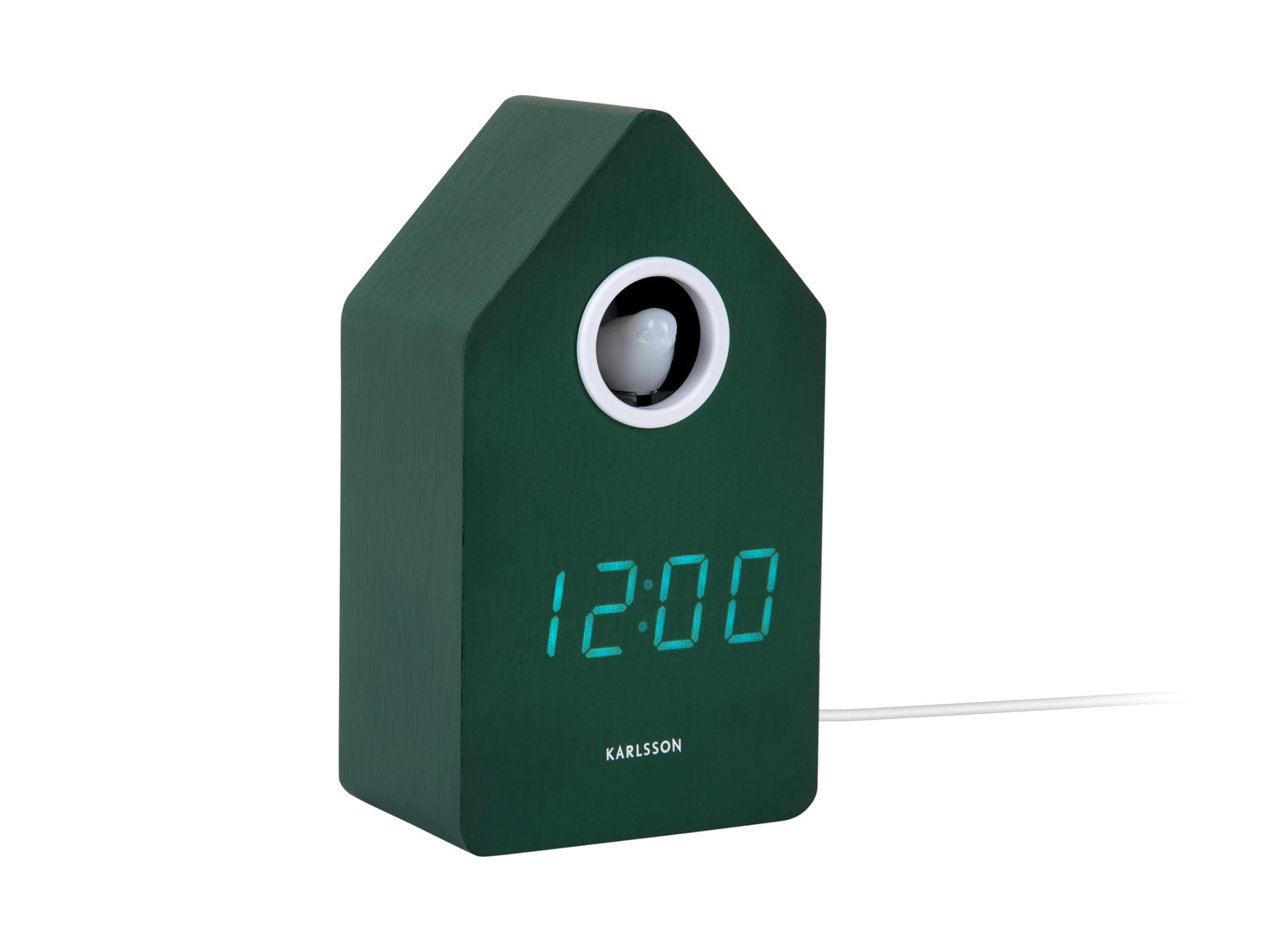Retro-LED-Kuckuckswecker mit grünem Hausgehäuse, rundem Fenster und Anzeige 12:00