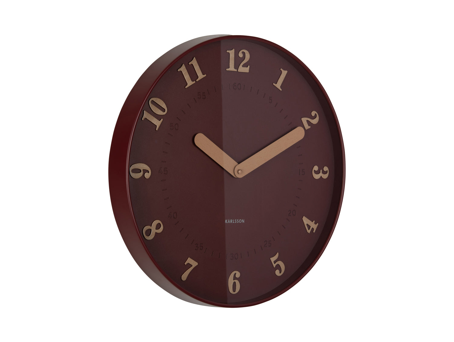 Wanduhr mit burgunderrotem Zifferblatt, goldenen Zeigern und römischen Zahlen