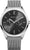 Reloj con esfera oscura, correa Milanesa y caja plateada, cristal de zafiro