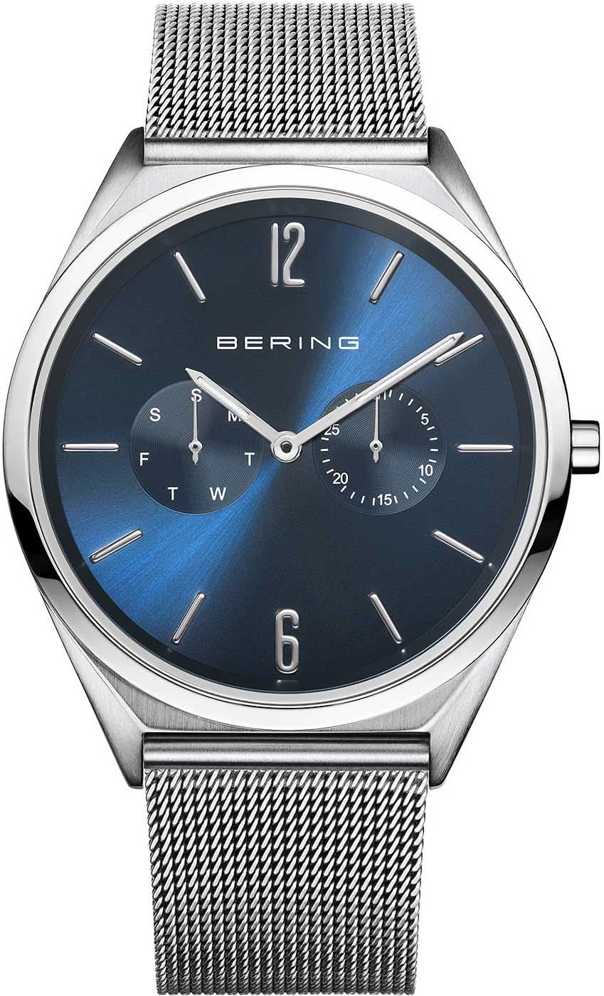 Pulsera de hombre con esfera azul, caja plateada y correa de malla metálica