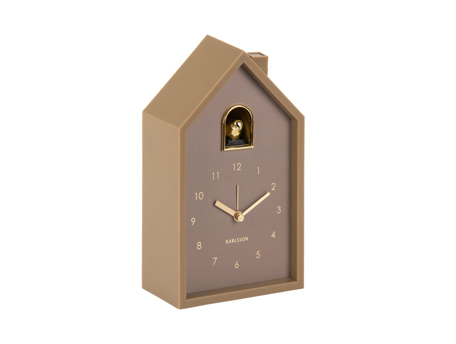 Karlsson Modern Cuckoo Oro KA6077BR Wecker Mochabraun • Kuckucksgeräusch beim Alarm • Vergoldeter Vogel