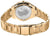 Vista trasera de reloj de mujer en tono dorado: pulsera de acero inoxidable con cierre, grabado en la tapa