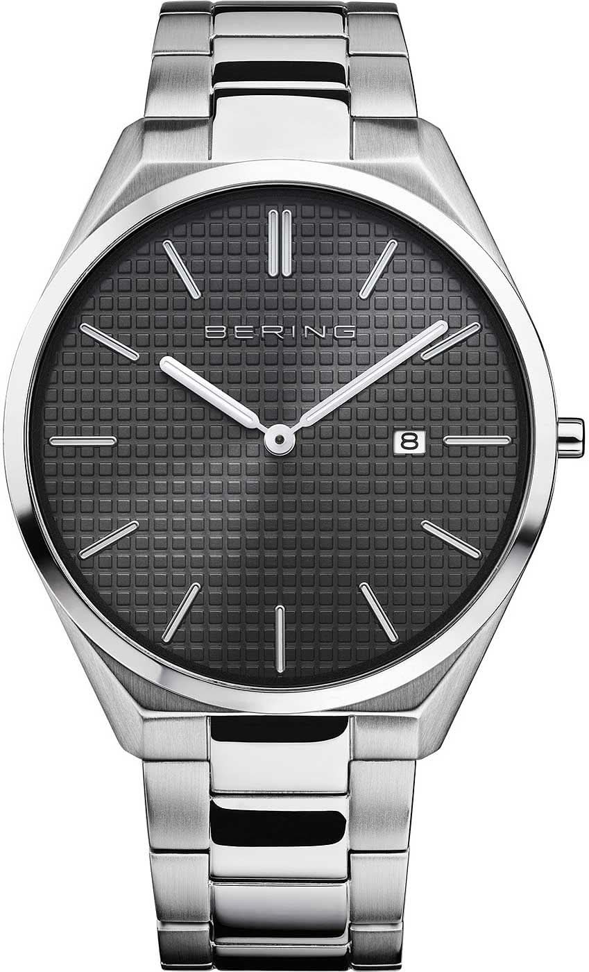 Reloj plateado para hombre con esfera negra, índices de bastón y visualización de fecha