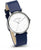 "Reloj de mujer con caja redonda plateada, esfera blanca y correa de piel azul (interior beige)"