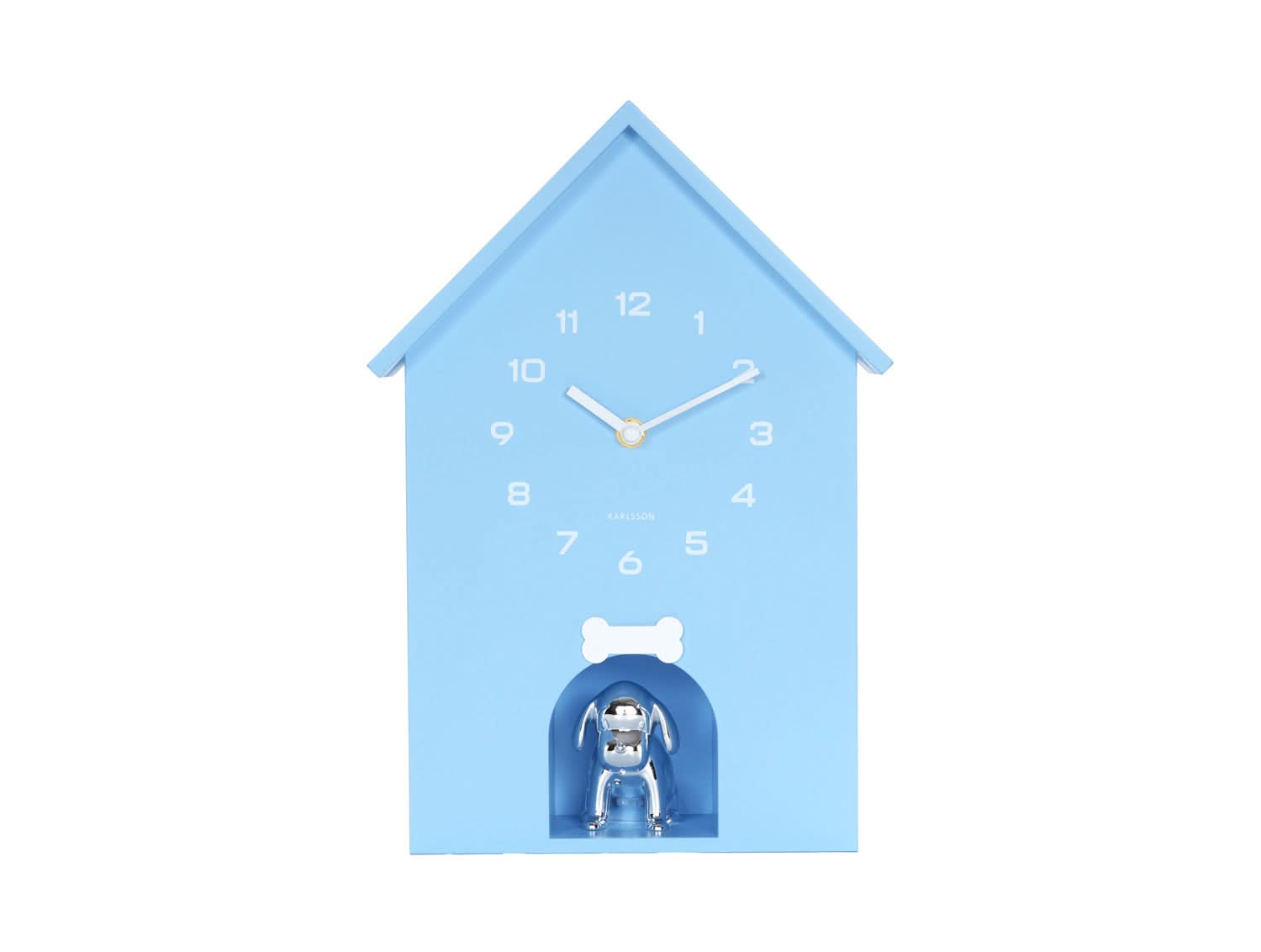 Reloj de pared con diseño de caseta de perro, azul claro, con números, manecillas y abertura de caseta para perros