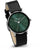 "Reloj de mujer Jacob Jensen con esfera verde, vista lateral, correa de cuero negra"