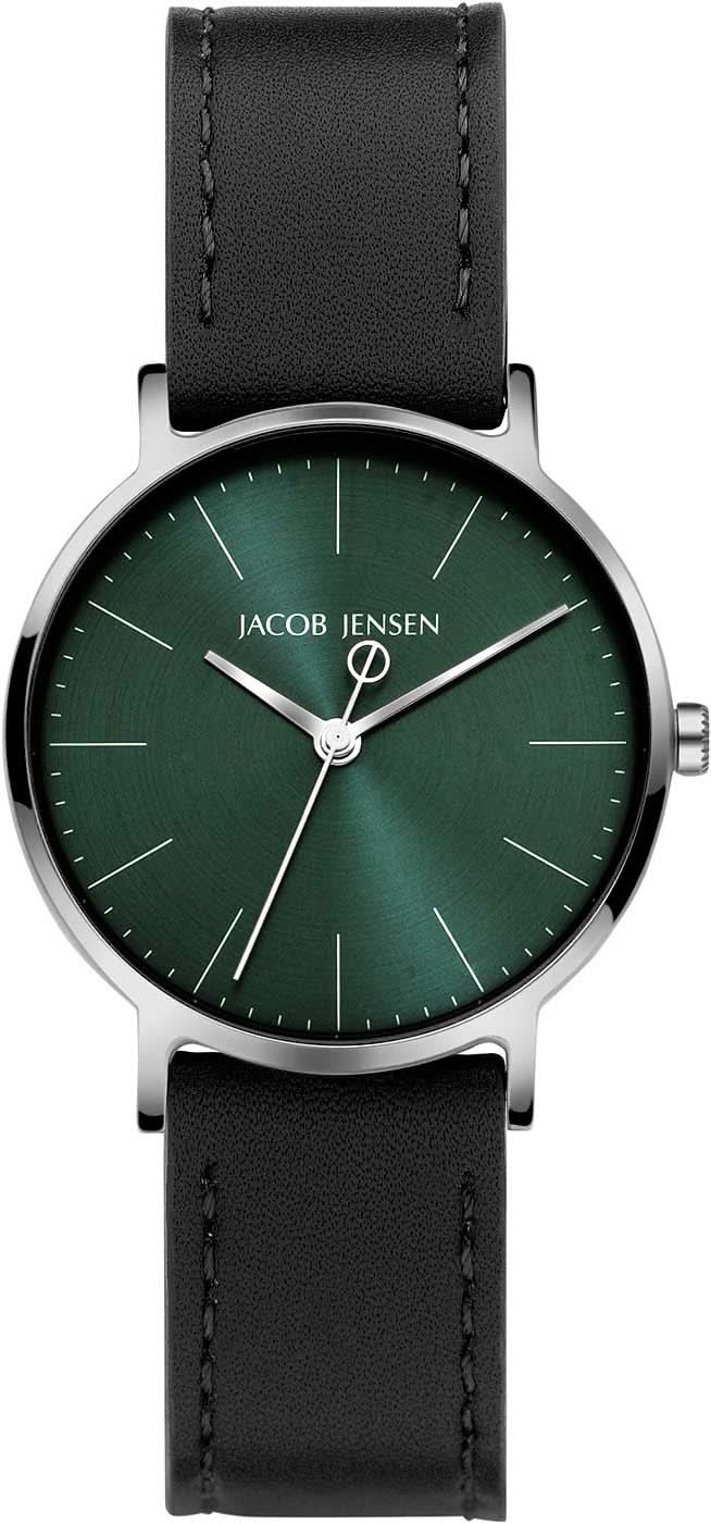 Reloj de mujer Jacob Jensen con esfera verde y correa de cuero negra