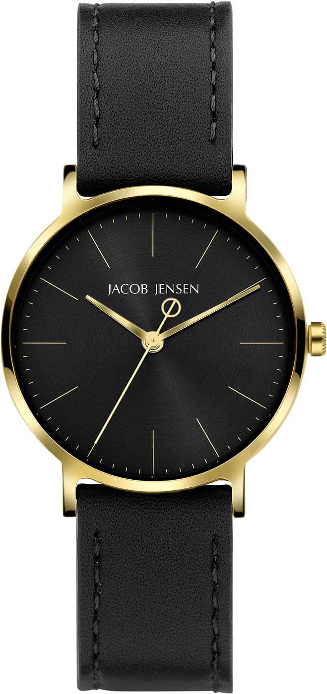 Reloj unisex: correa de cuero negra, esfera negra, caja redonda dorada