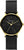 Reloj unisex: correa de cuero negra, esfera negra, caja redonda dorada