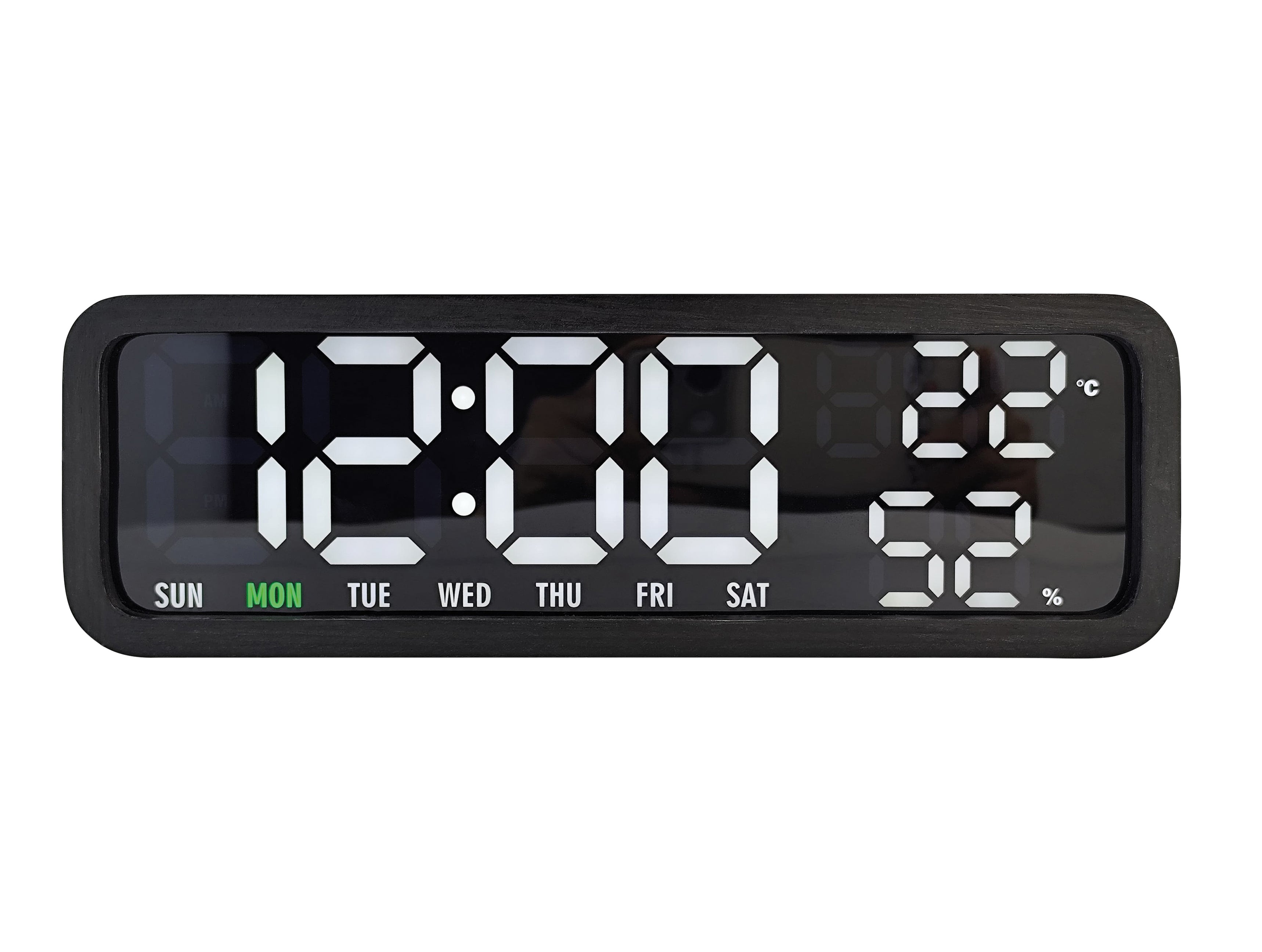 Digitaler Wecker mit schwarzem Rahmen und großem Digitaldisplay, Wochentagsleiste