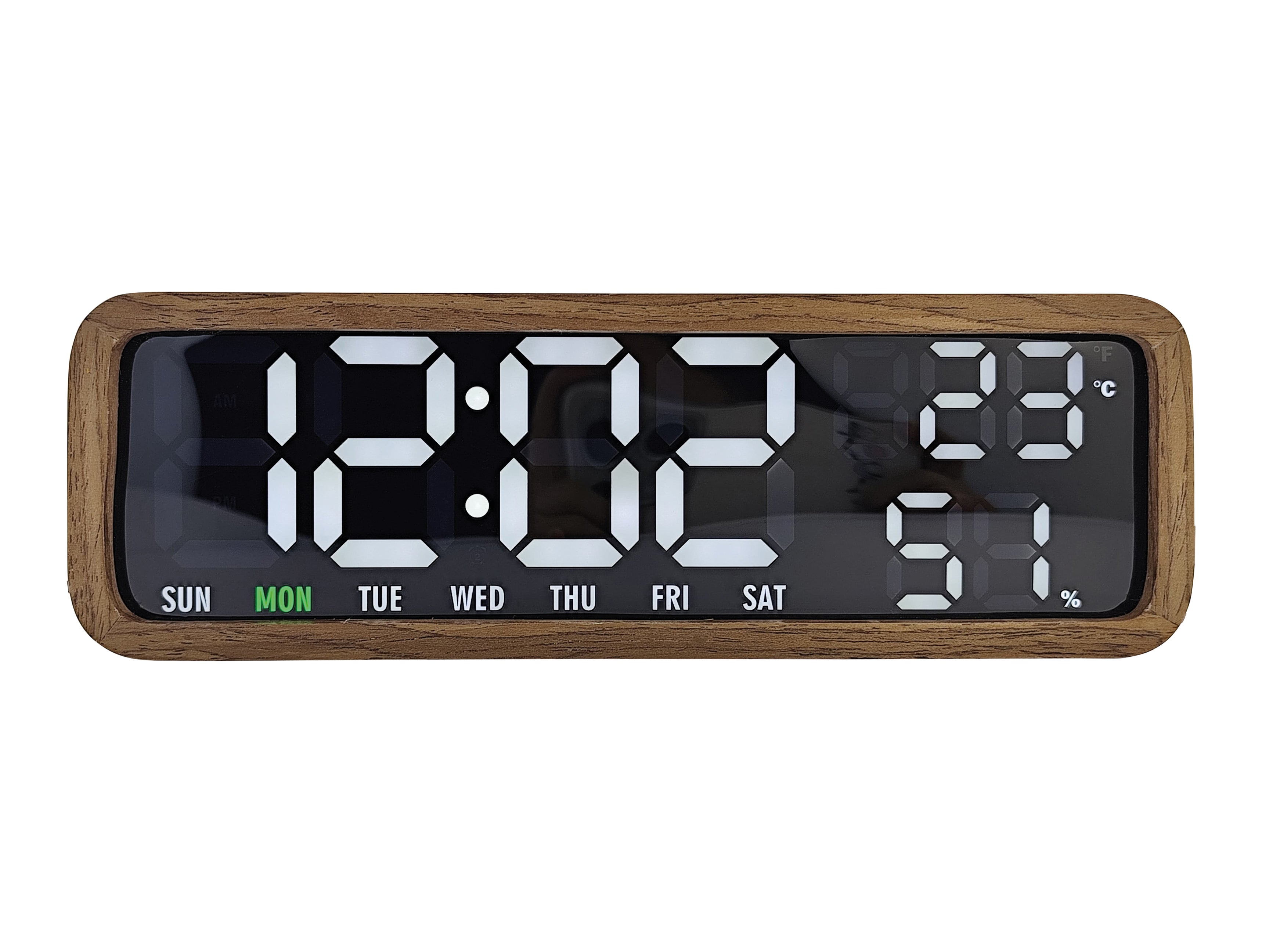 Digitaler LED-Wecker mit dunklem Holzgehäuse und LED-Anzeige 12:02 sowie Wochentagen