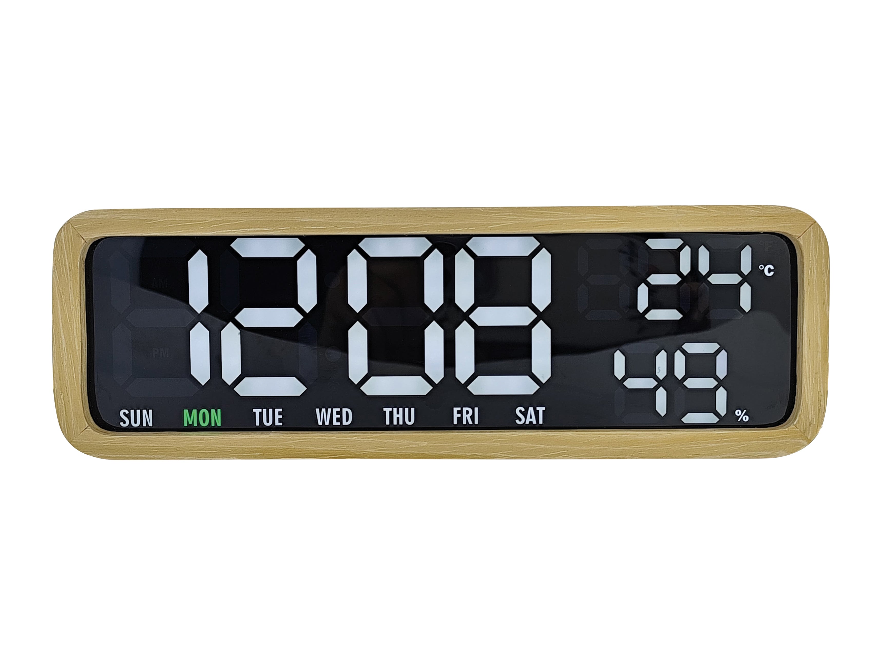 Digitaler LED-Wecker mit Holzrahmen, großes LED-Display, zeigt Uhrzeit und Datum, 19:06.
