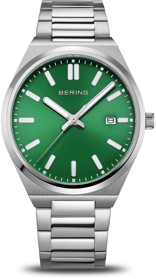 Reloj Bering para hombre con esfera verde, pulsera y manecillas de acero inoxidable plateado