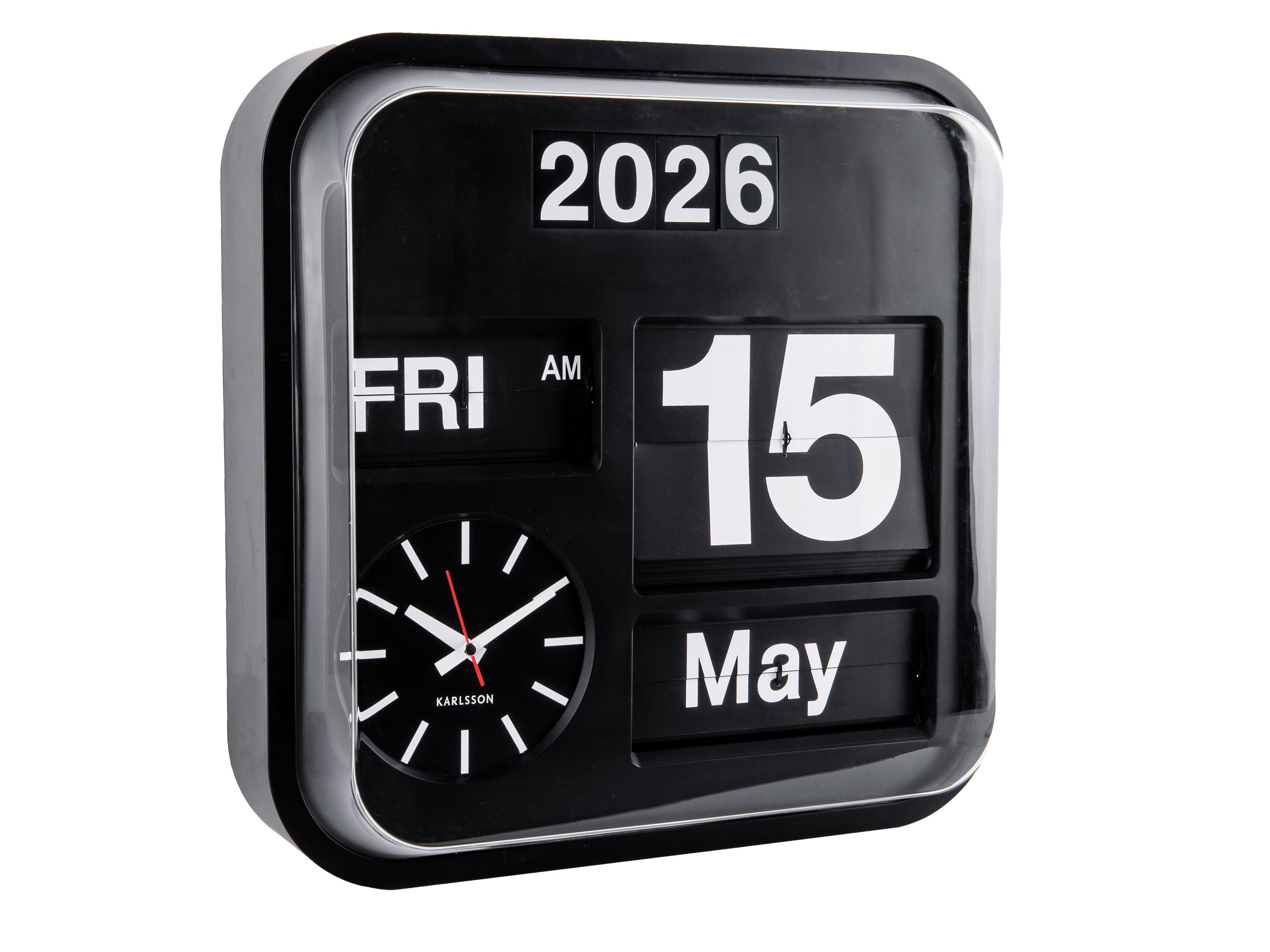 Schwarze Wanduhr mit Klappzahlen, Anzeige: 2026, FRI, 15 May