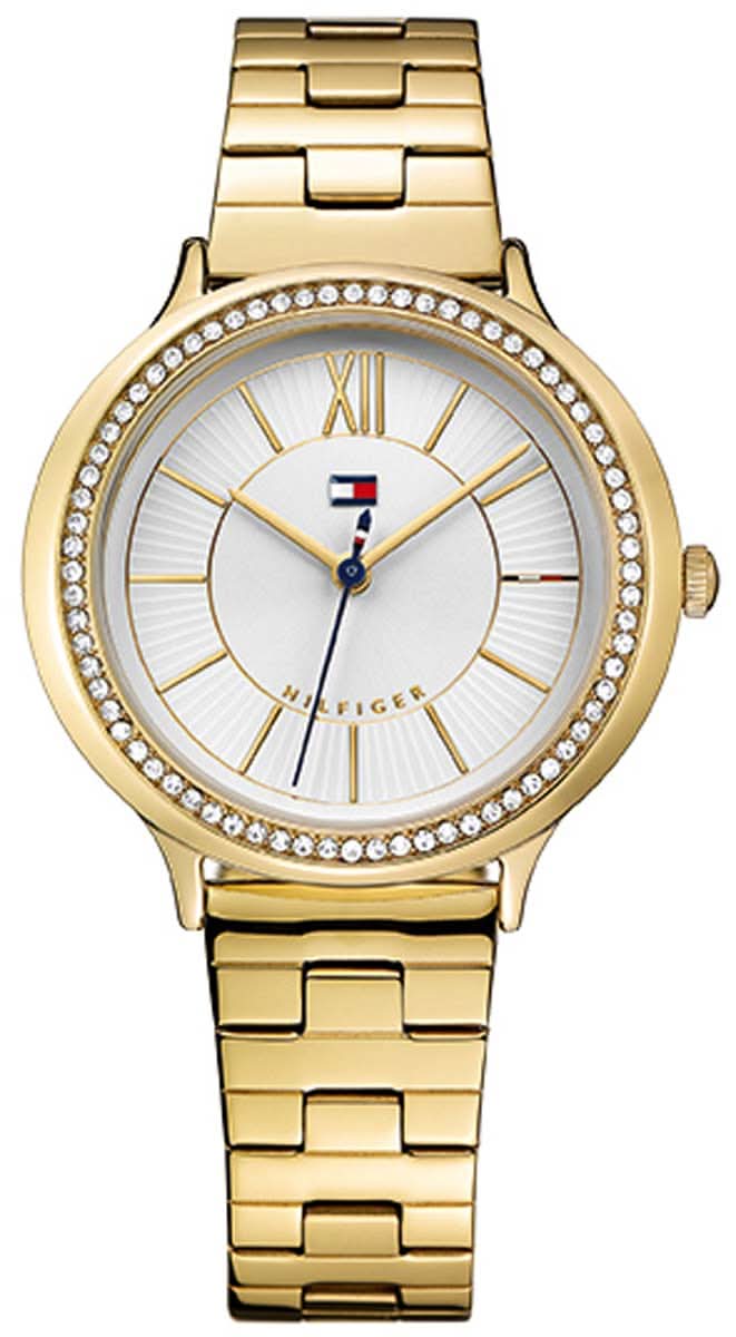 Reloj dorado para mujer con bisel de pedrería, esfera redonda y correa de metal