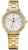 Reloj dorado para mujer con bisel de pedrería, esfera redonda y correa de metal